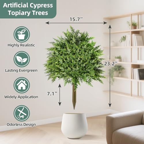 2-Pack 23-inch Artificial Cedar Topiary Ball Trees, UV-Resistant Faux Plants