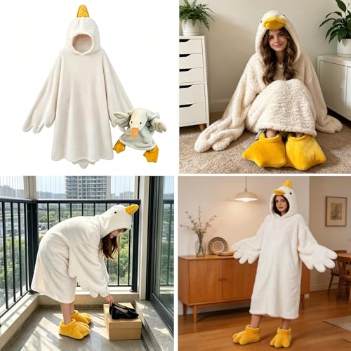 Funny Duck Onesie Pajamas for Kids and Adults with Hood and Slippers