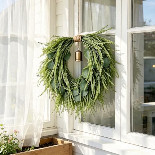 18-Inch Heart-Shaped Wreath with Copper Bell and Greenery, Romantic Decor