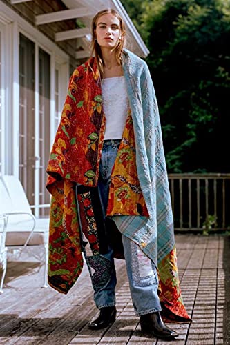 Indian Kantha Quilt - Handmade Reversible Cotton Throw 55x85 Inches