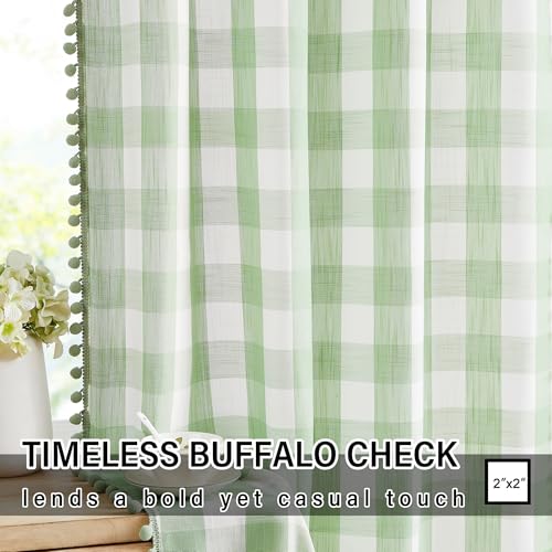 Buffalo Check Semi-Sheer Curtains with Pom Pom Trim - 84 Inch Green & White Drapes (2 Panels)