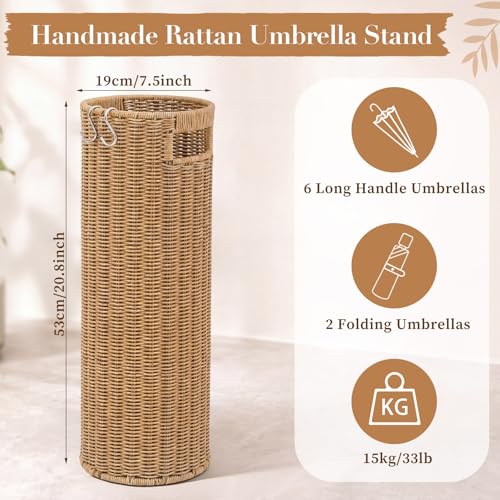 21-Inch Tall Rattan Umbrella Stand with Drip Tray and Hooks