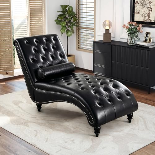 Modern Faux Leather Chaise Lounge Chair with Tufted Buttons and Pillow