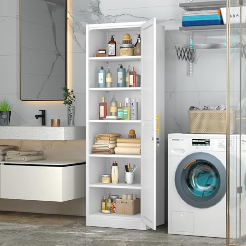 Tall Metal Narrow Storage Cabinet with 5 Shelves and Lockable Doors, 67-Inch