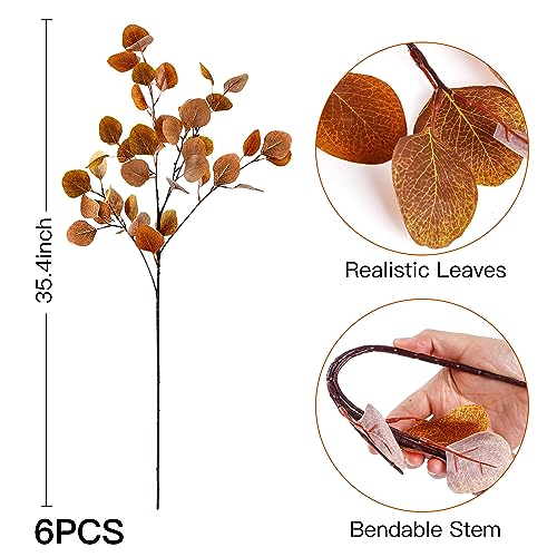 6 Pcs Artificial Fall Eucalyptus Stems, 35-Inch Silk Silver Dollar Leaves