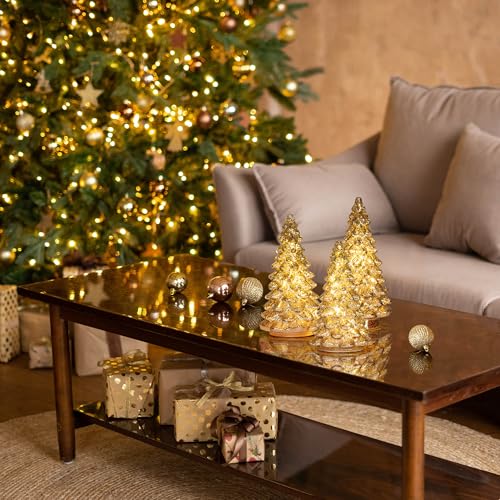 Set of 3 Lighted Mercury Glass Christmas Tree Figurines with Timer - KI Store