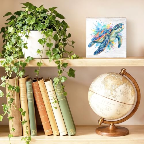 Colorful Sea Turtle Coastal Wood Block Plaque Box Sign - 5.9 x 5.9 inches, White