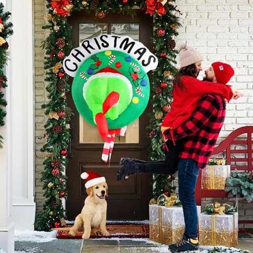 3.5ft Inflatable Christmas Wreath with Green Giant Monster, LED Lighted Outdoor Decor