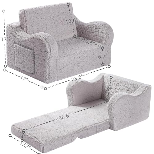 Kids 2-in-1 Foldable Sherpa Sofa Chair - Flip-Out Lounger Couch, Grey