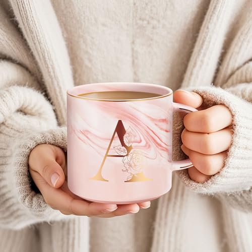 Uwingess A Personalized Initial Mug with Gift Box - Pink Marble Coffee Cup for Women