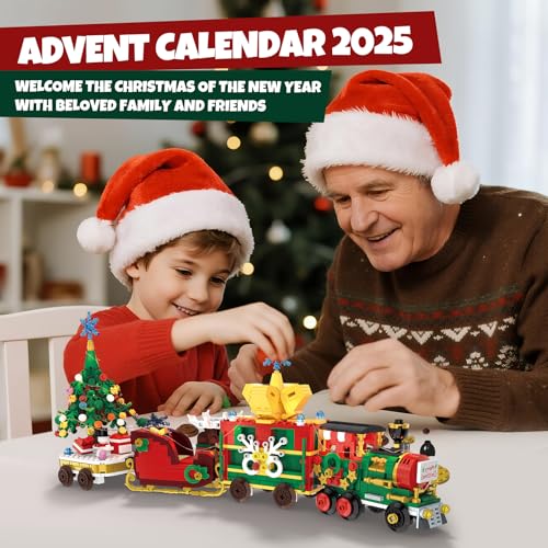 MINYSIC Advent Calendar 2025 Building Blocks Set with LED Light (Red/Green - Christmas Train)