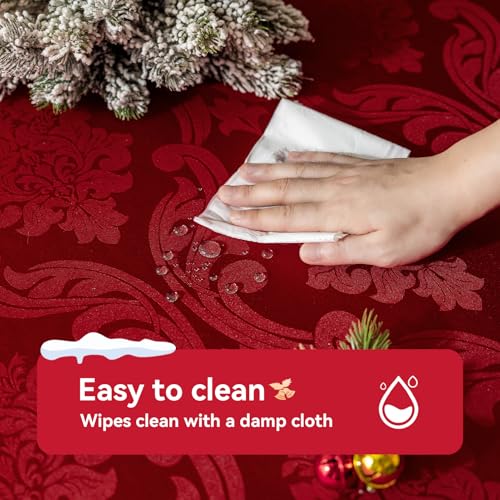 Romanstile 60x84 Inch Waterproof Jacquard Christmas Tablecloth with Red Flowers – Damask Holiday Dinner Cover