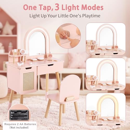 Kids Vanity Set with Lighted Mirror, Pink Toddler Makeup Table and Chair