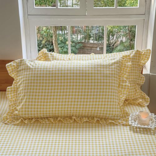 Ruffled Gingham Pillow Shams 20x26, Set of 2 Farmhouse Plaid Pillow Covers