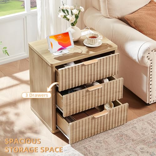 Fluted Farmhouse 3-Drawer Nightstand Set with Charging Station