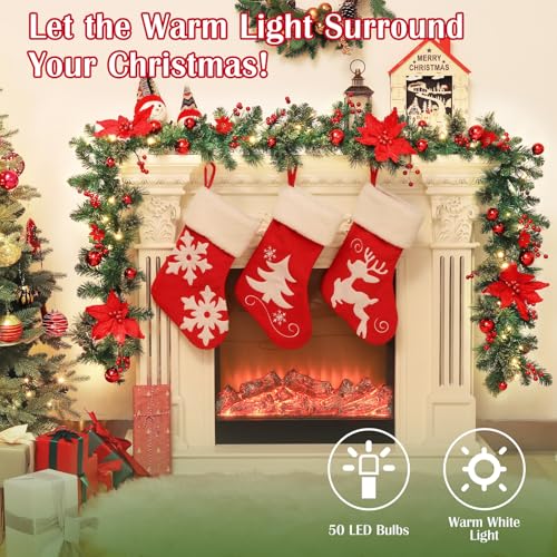 Lewondr 9FT Prelit Christmas Garland with Red Poinsettia & 50 LEDs - Green & Red Variation