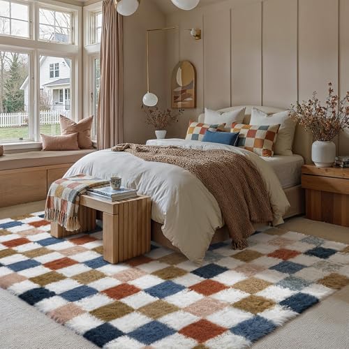 8x10 Checkered Area Rug, Soft Fluffy Shag Carpet for Living Room & Bedroom