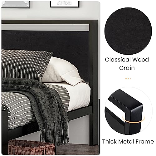 Full Size Metal Platform Bed Frame with Wooden Headboard & Under-Bed Storage