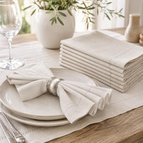 Linen Blend Cloth Dinner Napkins 18x18 - Set of 12 Hemstitched Table Napkins