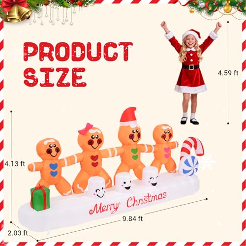 PopInflate 10 ft Gingerbread Christmas Inflatable with 4 Hands in Hand (Variation: Gingerbread) – Built-in 10 LED Lights