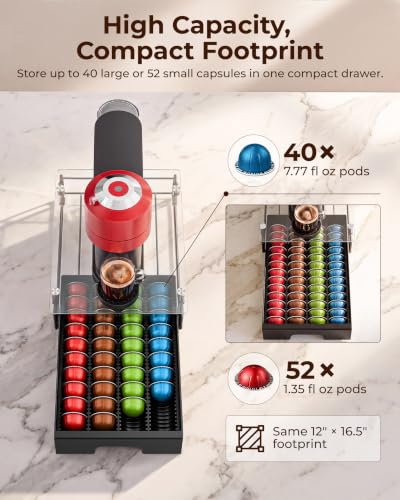 Coffee Pod Organizer Drawer with Tempered Glass Top, 40-52 Pod Capacity