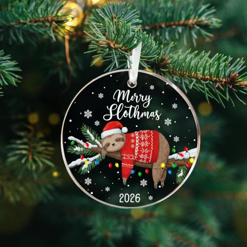 HEXMOZ Sloth Christmas Ornament 2026 – Acrylic Sloth Ornament, 3.5" with Giftable Packaging (Variation: Sloth 2)