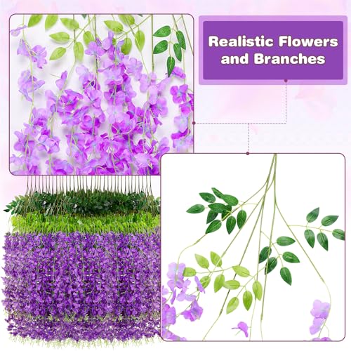 Purple Wisteria Hanging Flowers - 12 Pack Artificial Vines for Decor