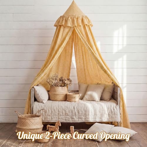 Yellow Gingham Plaid Bed Canopy with Ruffles - Soft Vintage Hanging Tent