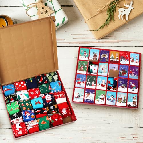 Novelty Christmas Socks Advent Calendar 24 Pairs for Men Women - Holiday Gift Set