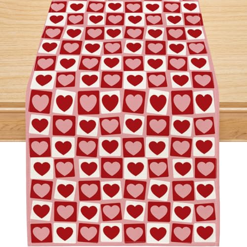 Valentine's Table Runner 13x72 Inch - Red & Heart Motifs, Durable Polyester, Easy Care - Siilues
