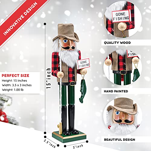 15-Inch Wooden Fisherman Nutcracker Figurine - Christmas Table Decor