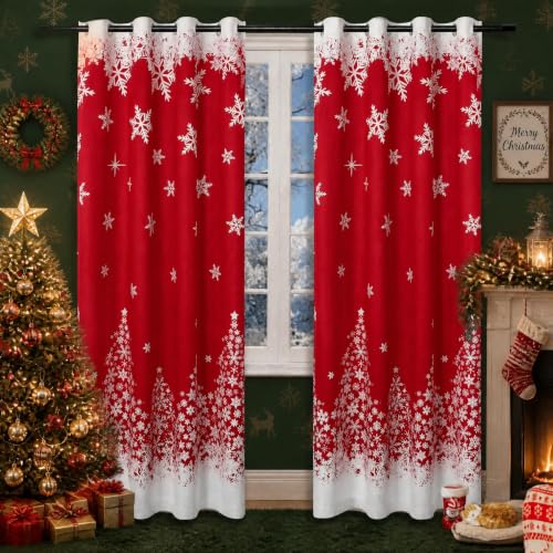 Garvee 52"W x 63"L Red Christmas Curtains with Snowflake & Tree Design (Pack of 2)