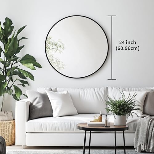24-Inch Round Wall Mirror, Matte Black Metal Frame for Bathroom and Vanity
