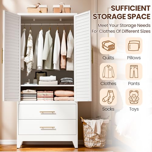 Metal Wardrobe Closet with Adjustable Shelves, Hanging Rod, and 2 Drawers