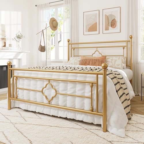 Queen Size Metal Platform Bed Frame with Victorian Headboard - Gold