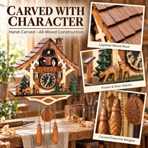 Handmade Wooden Cuckoo Wall Clock - Black Forest Craft with Night Silence