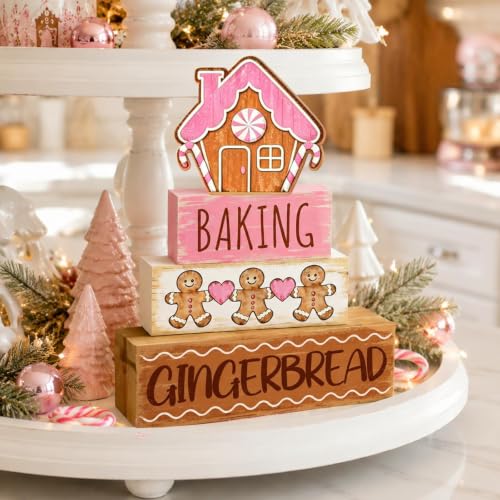 Pink Gingerbread House & Man Christmas Table Decorations Set - Wooden Holiday Centerpieces