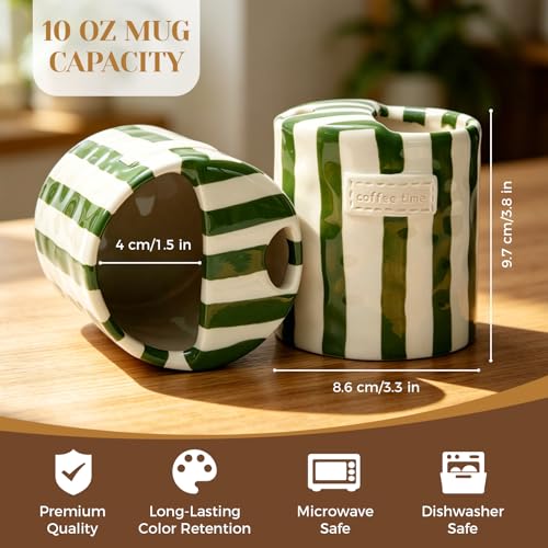 Alasynic Green Vintage Striped Ceramic Travel Mug 10oz - Cute Green Coffee Cup with Sip Hole