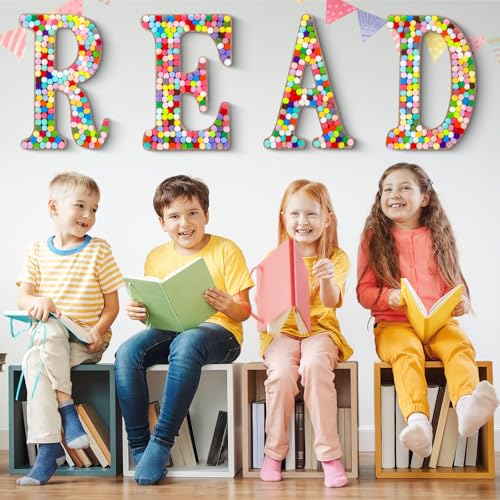 4-Piece Wooden READ Wall Sign with Pom Pom Accents for Reading Corners