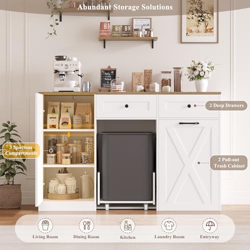 HOSTACK 12.5 Gallon Dual Trash Can Cabinet - White Kitchen Storage
