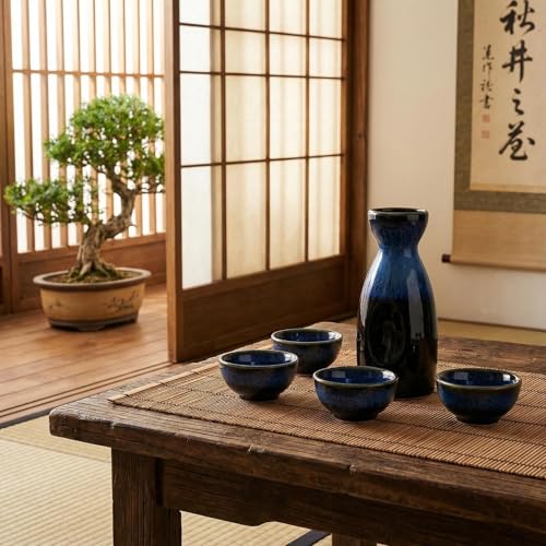 Goaste Japanese Ceramic Sake Set with Carafe and Cups - Dark Blue, Dishwasher Safe