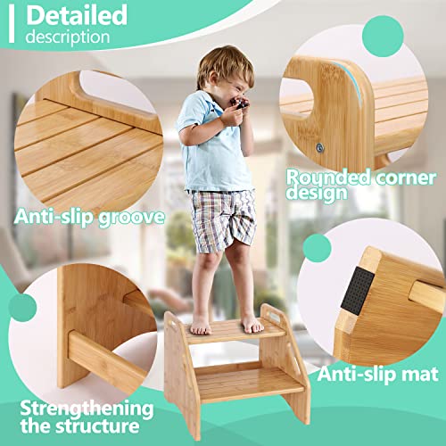 Bamboo 2-Step Stool for Kids & Toddlers with Handles and Non-Slip Pads