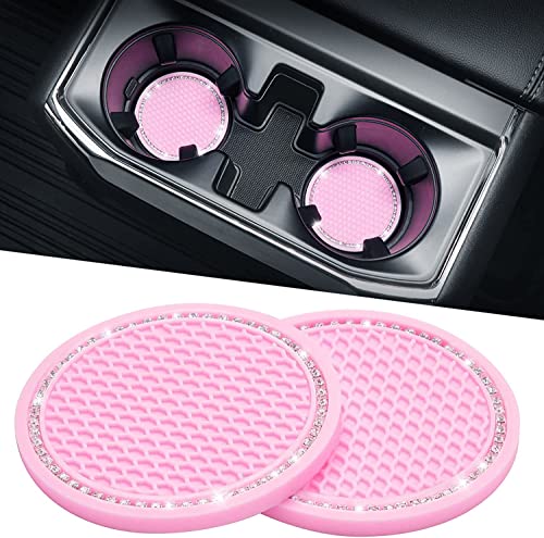 Pink Car Cup Holder Coasters with Rhinestones - 1 Pack, Anti-Slip Silicone, 2.75 inch