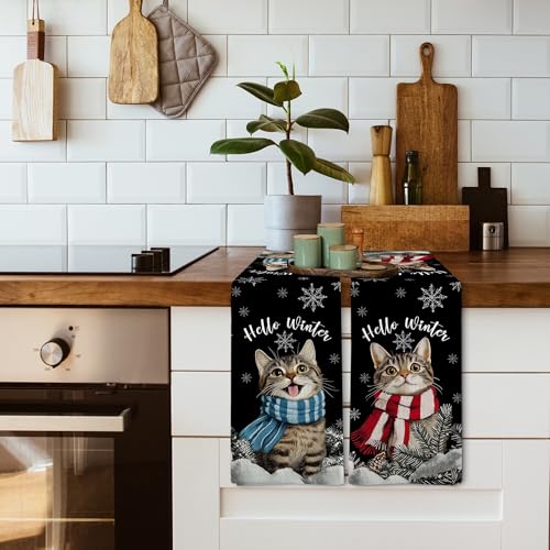 XNXLDYLH Hello Winter Cat Kitchen Towels Set for Cats Lovers, Christmas Snowflake Dish Hand Towels, 16x24 Inch - Cat Variation