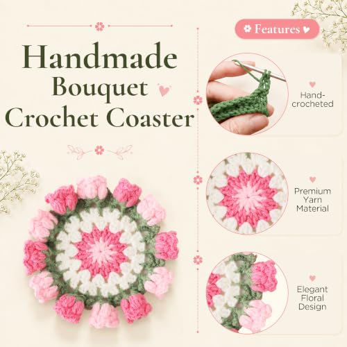 Vane Oak Pink Crochet Flower Coasters with Plant Pot - Handmade 1Pc