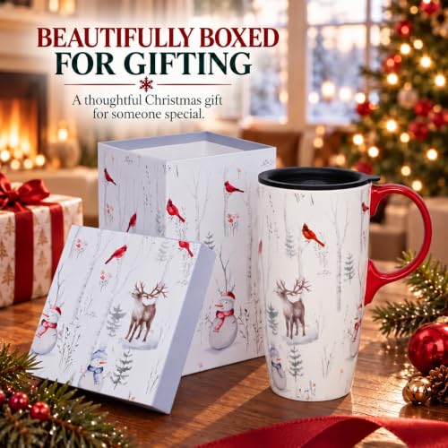 TZSSP 17oz Christmas Ceramic Coffee Mug with Lid - Winter Wildlife Holiday Gift