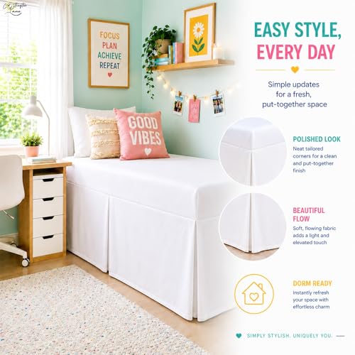 Twin XL Bed Skirt with 32 Inch Drop - Tailored Box Pleated Dorm Bedskirt, White