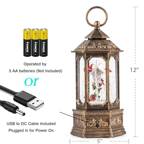12-Inch Musical Christmas Snow Globe Lantern with Cardinals & LED Timer