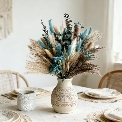 17-Inch Turquoise Dried Pampas Grass Bouquet - 60-Stem Boho Vase Filler