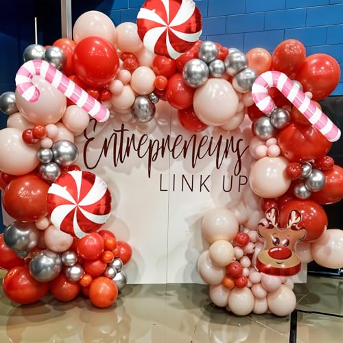 Froova Pink, Red & White Christmas Balloon Arch Kit with Reindeer & Candy Cane Foil Balloons – Includes 2 Pink, 2 Red Candy, Variety Balloons (Red/Pink/White)